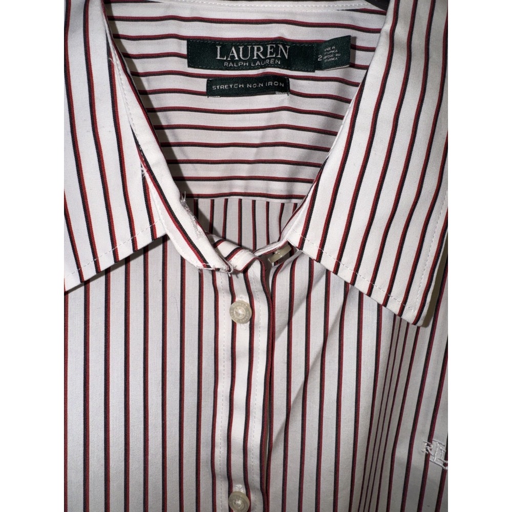 Ralph Lauren Womens 2X Dress Shirt 3/4 sleeve white red Stripe Logo Initial RLL